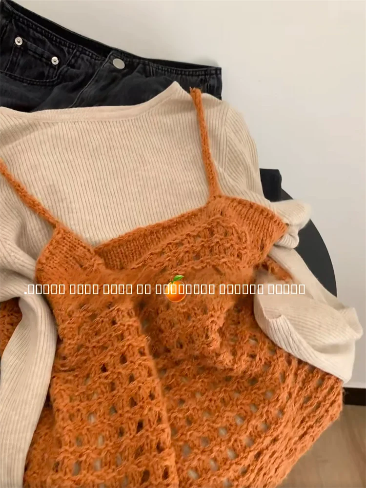 

Orange Strap Long Sve Knitted Sweater Women's Faionable Two-Piece Set Korean Sle Commute Soft Polyester Fiber Knitwear