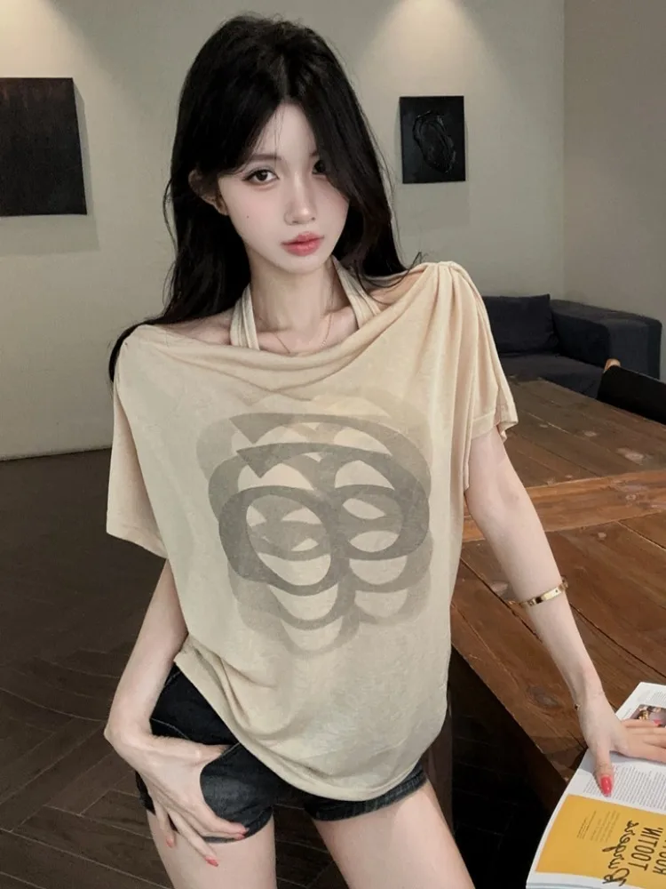 

Korean Style Pure Desire Fashionable Design Shoulder Bared Neck Hanging Short Sleeve Thin Printed T-Shirt Summer Slim Fit