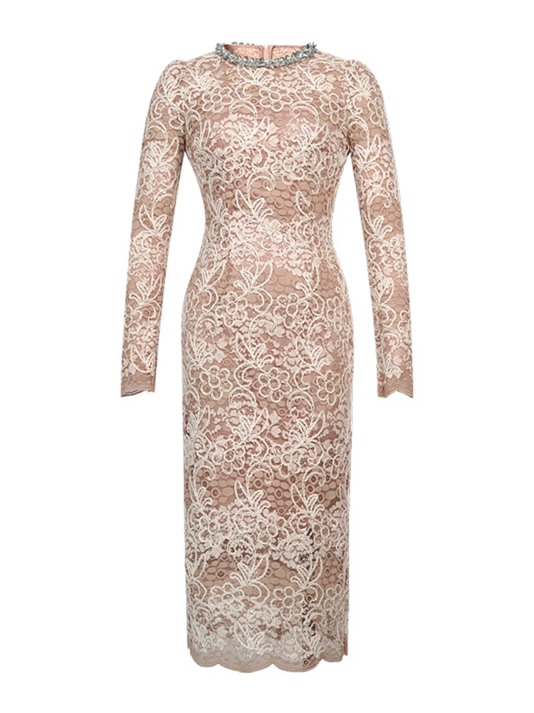 Women Luxury Lace Flower Sequin Sheer Long Sleeve Slim Midi Dress Cocktail Party Date Elegant Mujer Vestidos Formal Occasion New