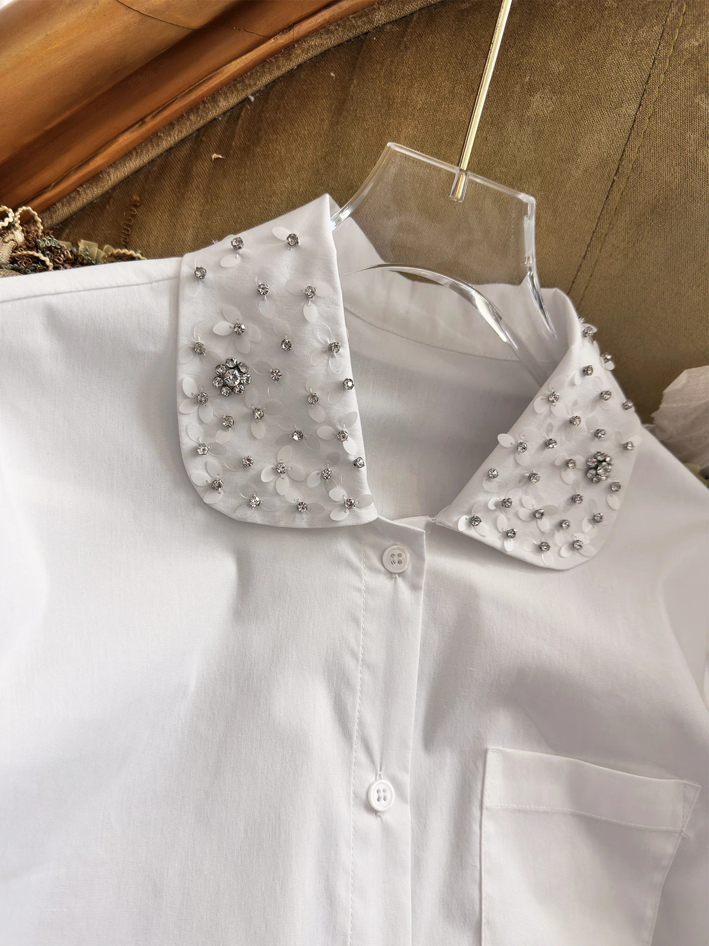 Fashion Elegant Heavy Industry Beading Sequin Doll Collar Long Sleeve Single-breasted Loose Versatile White Shirts Blouses Women