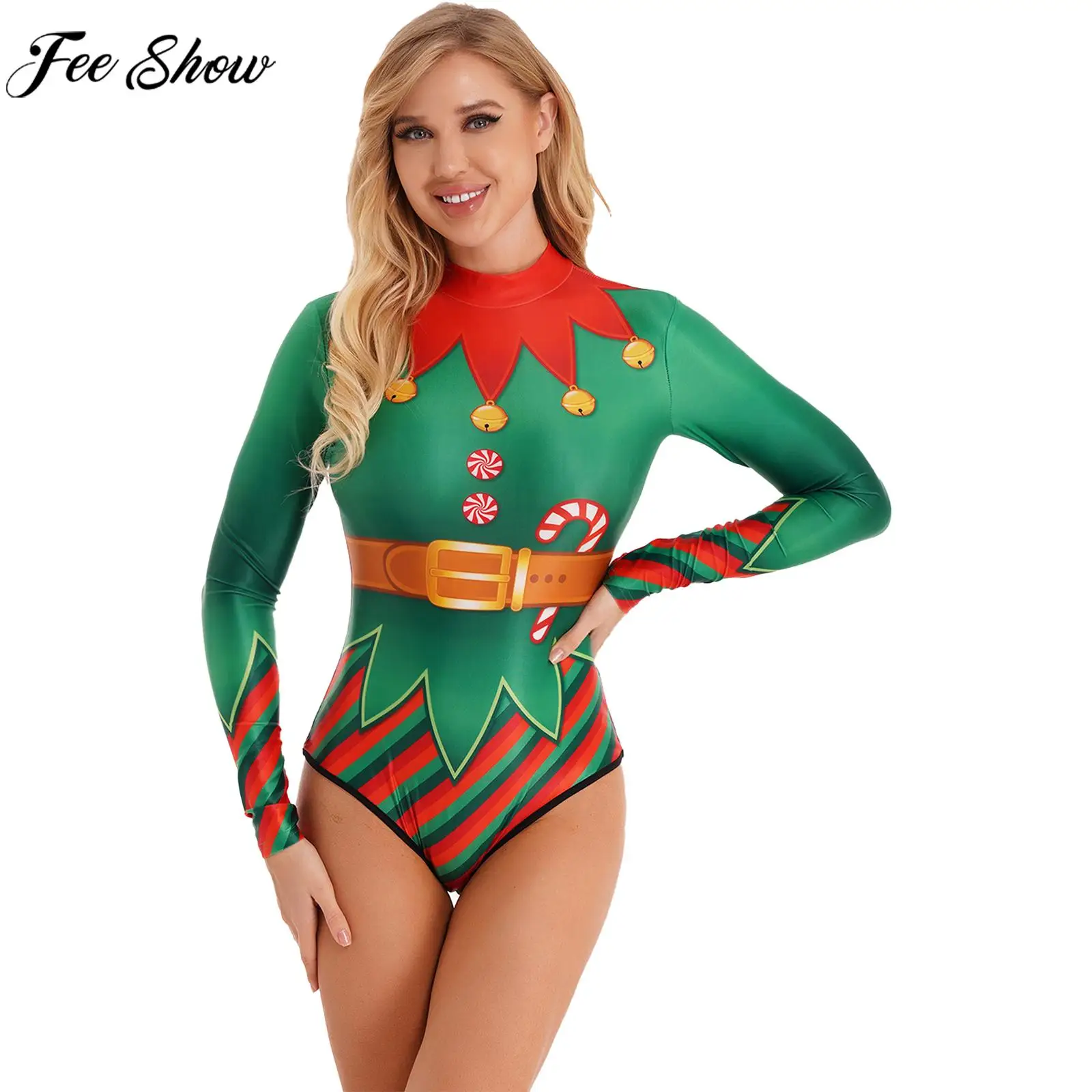 Women Christmas One-piece Bodysuit Swimsuit Long Sleeve 3D Xmas Style Print Jumpsuit Swimwear Pool Party Bathing Suit Beachwear