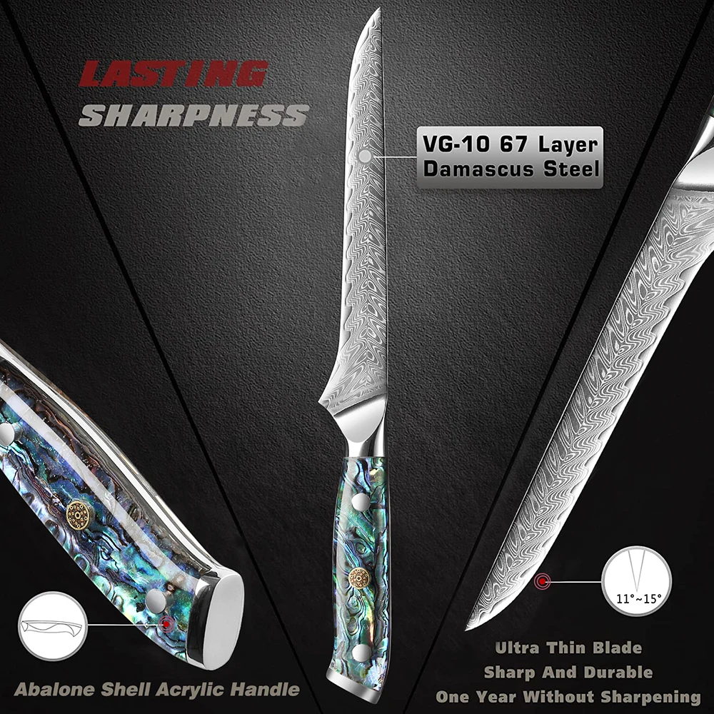 المهنية 6 بوصة نزع العظم سكين فيليه دمشق الصلب شارب المطبخ Deboning الدواجن والأسماك وأذن البحر قذيفة مقبض أكريليك