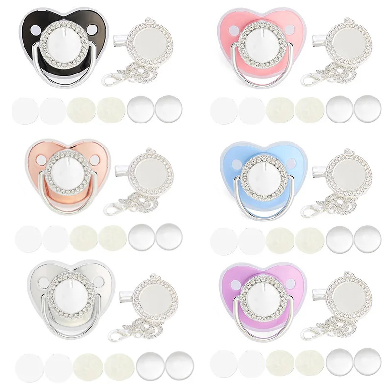 Zilverkleurige blanco babyfopspeen met kettingclip Cover Set Bling Strass siliconen fopspenen BPA-vrij pasgeboren douchecadeau