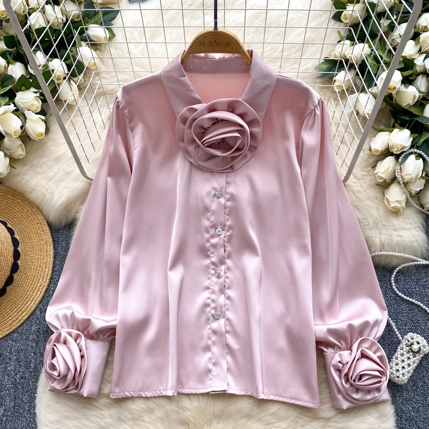 2024 Women Three-dimensional Flower Korean Version Blouse Turn Down Collar Long Sleeved Loose Shirts Winter Tops Clothing