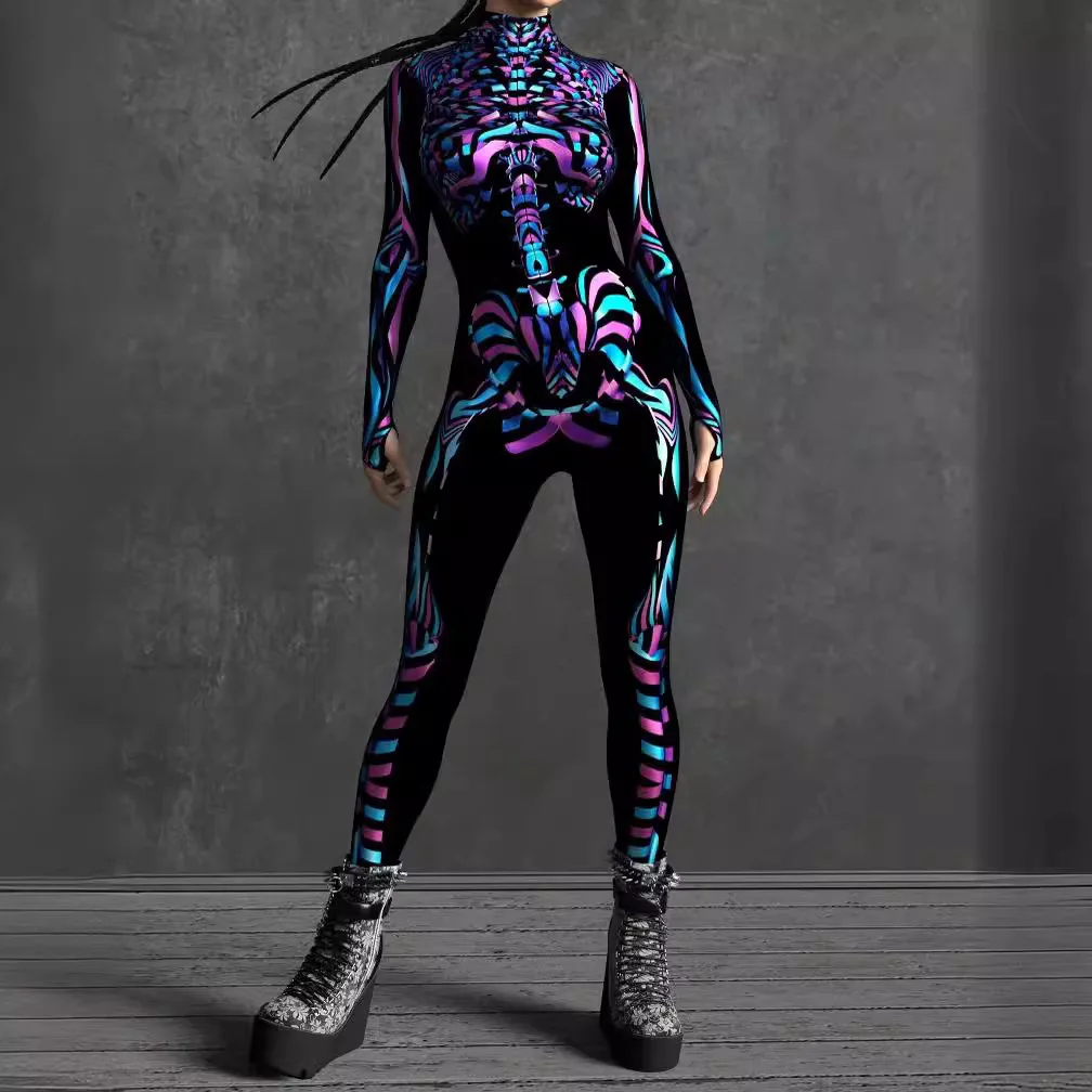 Cosplay Steampunk Kostüme Halloween Party Jumpsuits Skelett Catsuit Bodysuits Damen Muskel-Romper Zentai Outfit – Detail 5