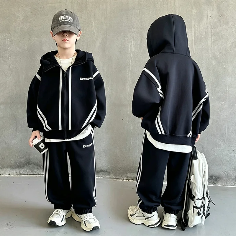 Boys Fashion Striped Sports Suit Letter Zipper Hooded Jacket + Jogger Pants 2-piece Spring Autumn 5-14 Years Kids Casual Outfit