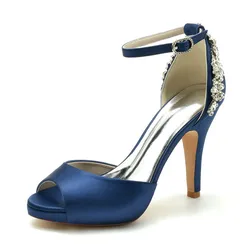 Satin Crystals High Heels Platform Wedding Shoes for Bride Peep Toe Ankle Buckle Strap Women Heels Pumps Shoes Sandals