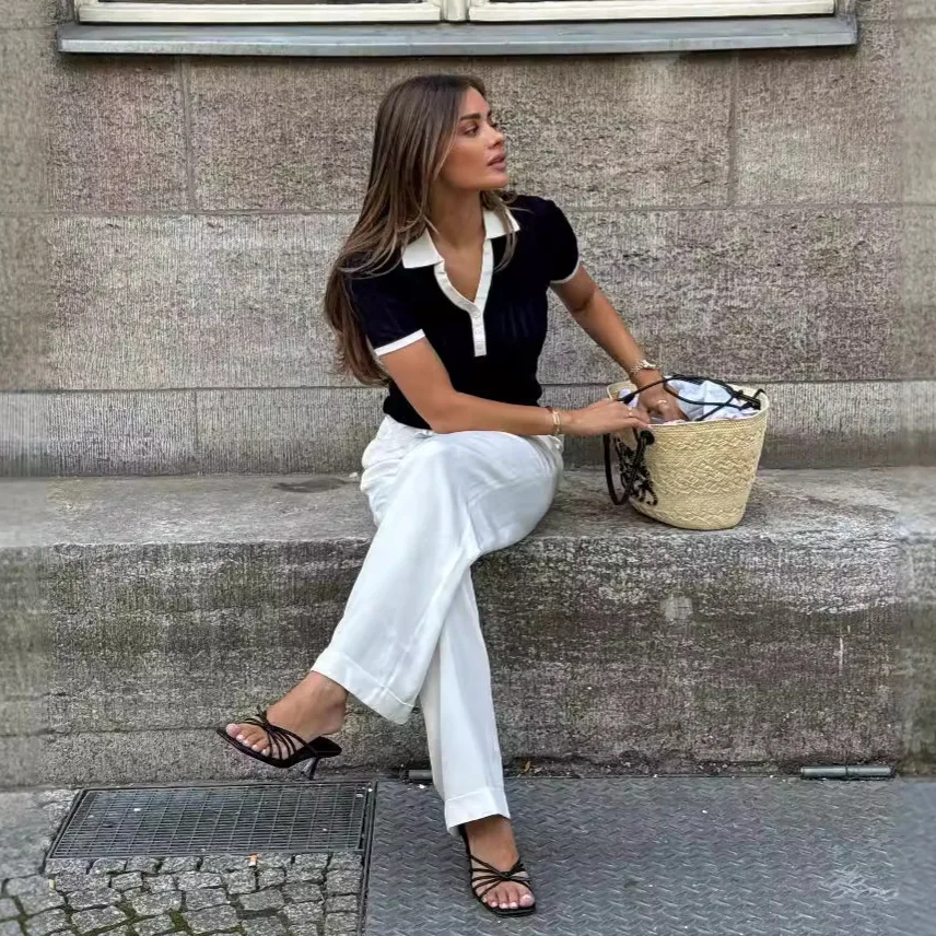 Elegante retalhos de malha pulôver moda feminina lapela contraste cor camisola casual fino ajuste pulôver de malha camiseta