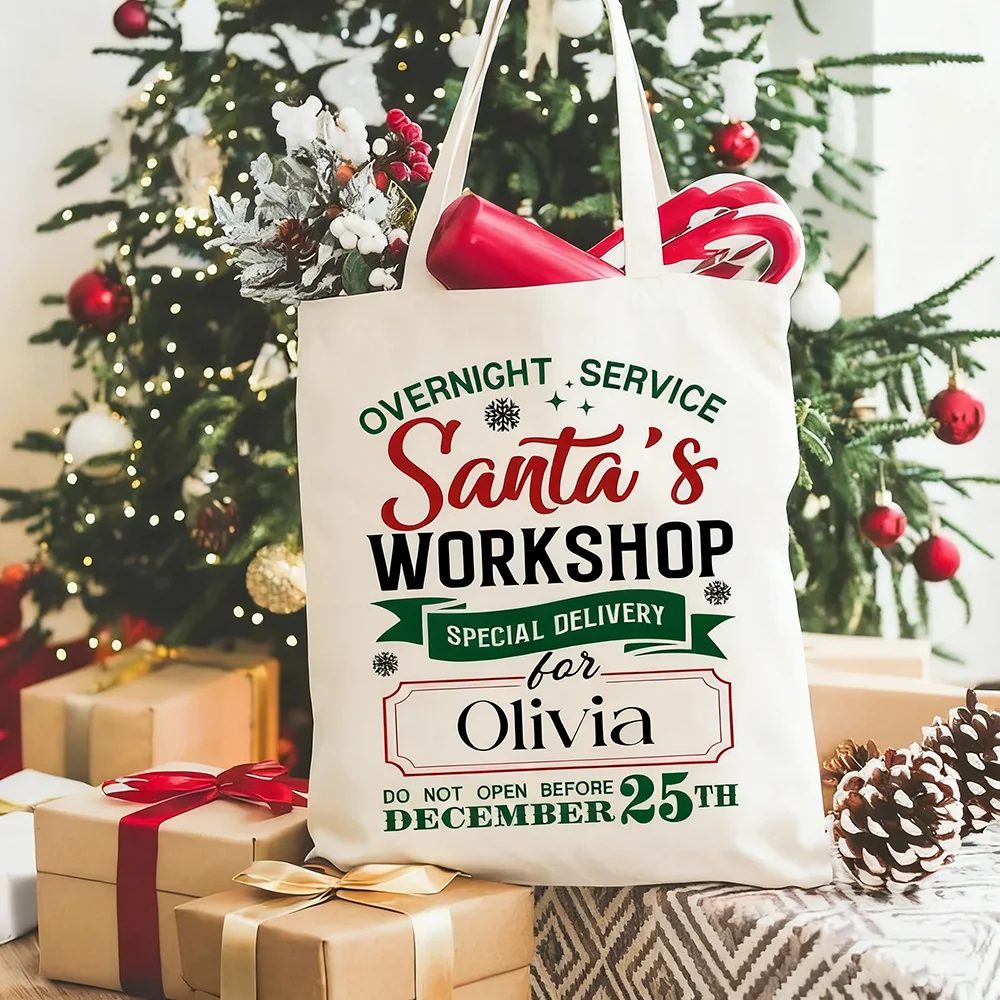 

Custom Santa's Workshop Canvas Tote Bag Christmas Gift Bag Winter Holiday Accessories Santa Claus Stuffing New Year Gift for Kid