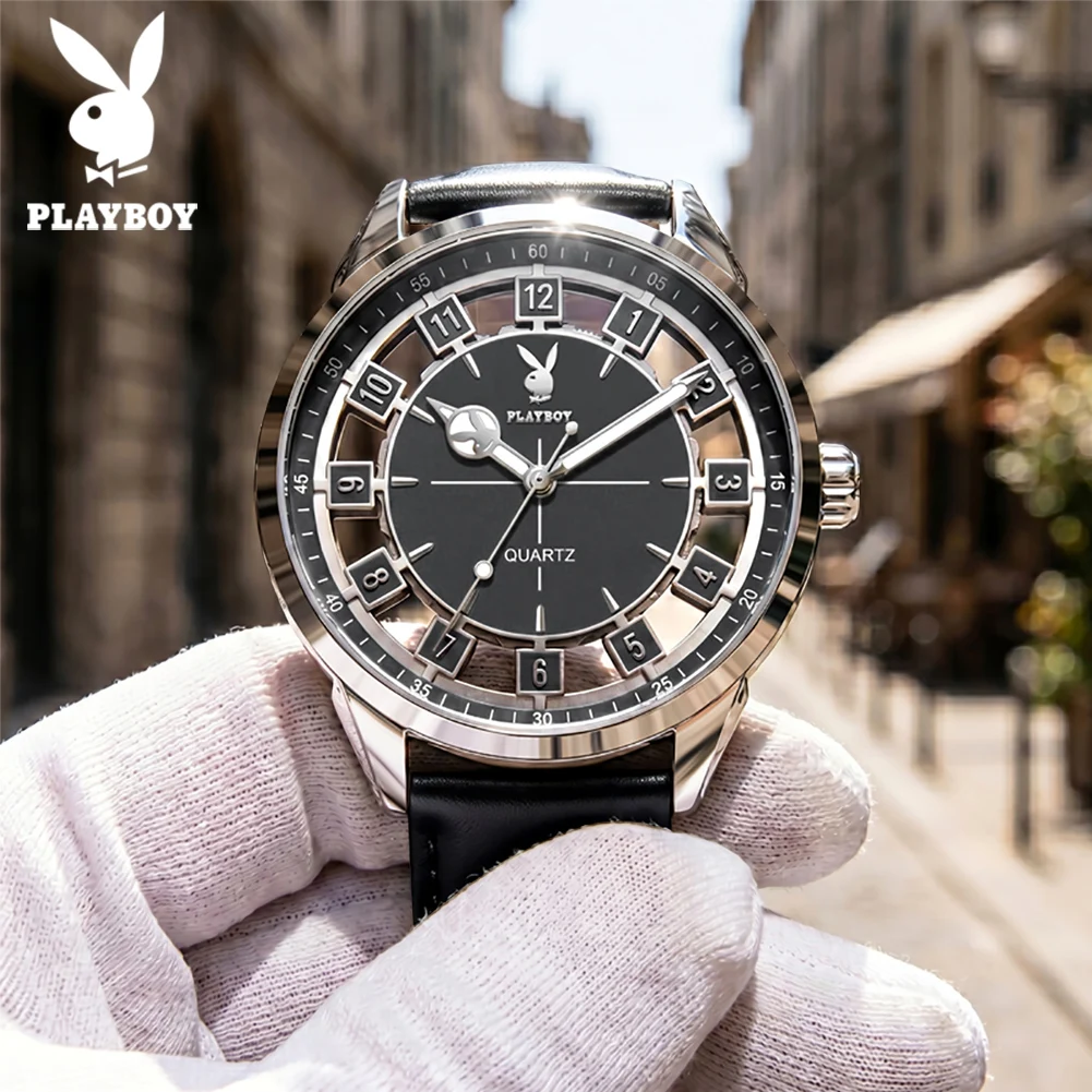 PLAYBOY New Men's Watches Original Leather Strap Fully Transparent Hollow Fashion Man Watch Waterproof Quartz Watch for Men 3137