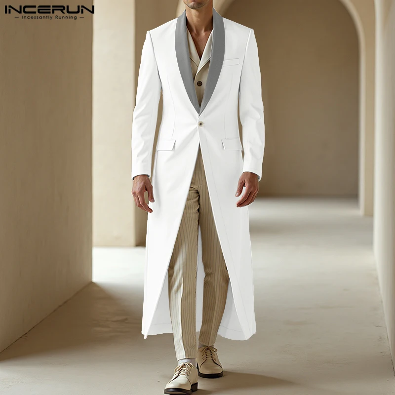 INCERUN Men Blazer Patchwork Lapel Long Sleeve One Button Casual Long Style Blazer Men Streetwear 2025 Elegant Fashion Male Suit