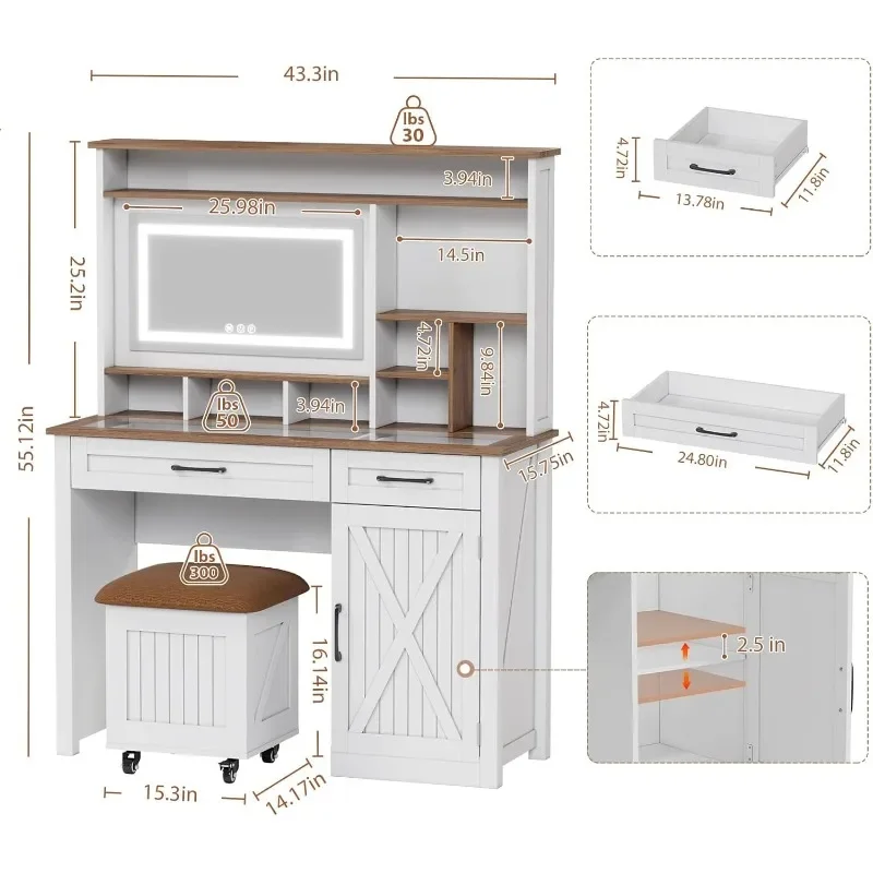 43“W Farmhouse Makeup Vanity Desk with Mirror and Lights, Glass Tabletop Vanity Table with 360° Rolling Stool with Storage