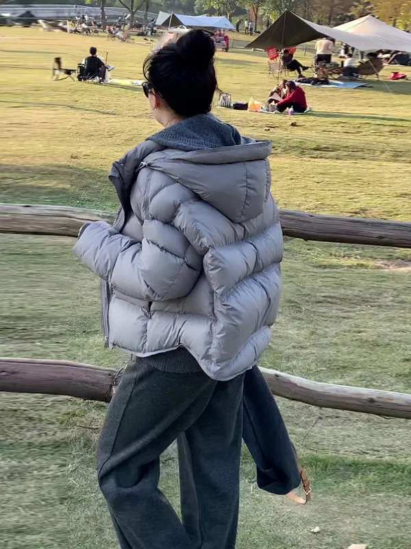 

Short Puffer Jacket Women's Grey Duck down Back Turtle Design Winter Coat Warm Fluffy Sleeve Capsule Style Commute Fashion