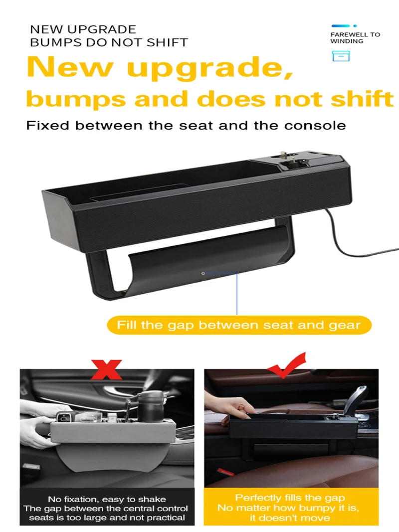 Car Seat Gap Storage Box, carregador vem com cabos