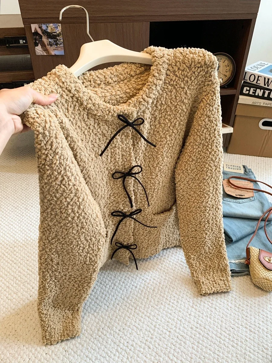 Sweet  Knot Woolen Sweater Women's Loose Comfortable Knitted Cardigan Soft Autumn Winter Fashion Citywalk Top