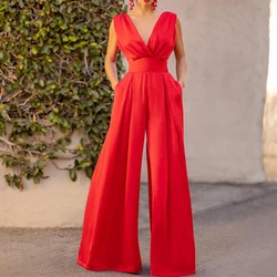 Women's V-neck Sleeveless High Waist Jumpsuit Wide Leg Pants Elegant Women's Formal Casual Wear