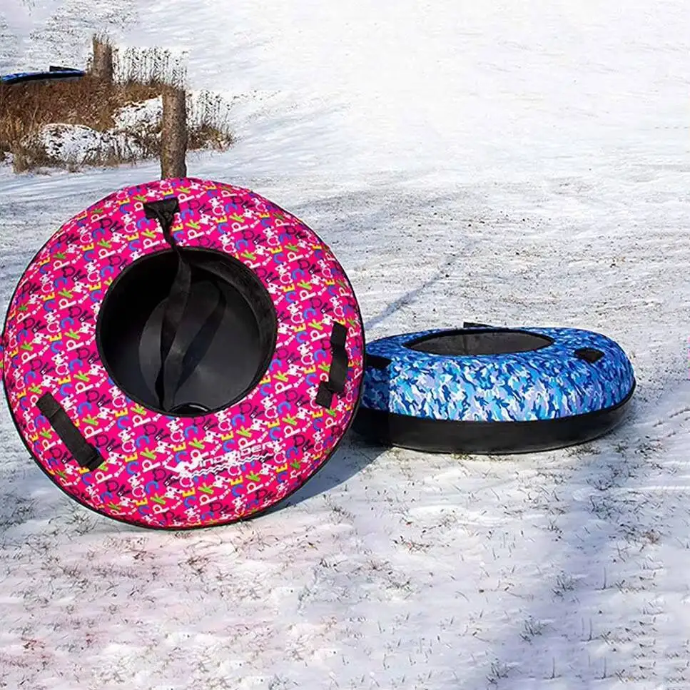 Inflatable SnowTube Heavy Duty Hard Bottom Children Adult Winter Ski Sled Outdoor Sports with Handle Nylon Cover