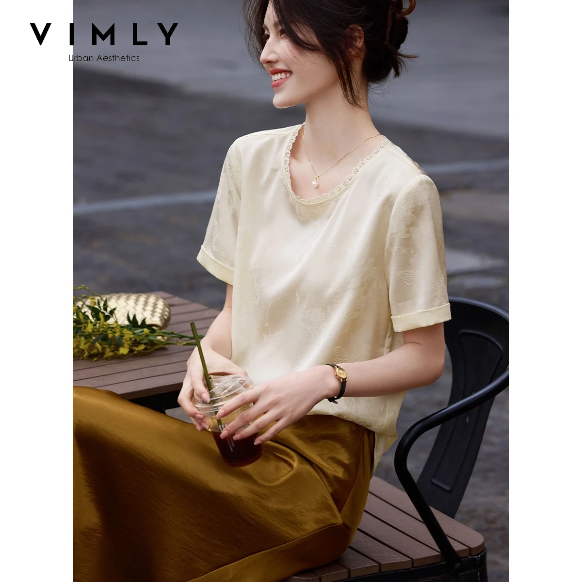 VIMLY Women's Apricot Lace Satin Shirt 2026 Summer New Chinese Style Dark Pattern Jacquard Short Sleeve Top Daily Outfit 30981