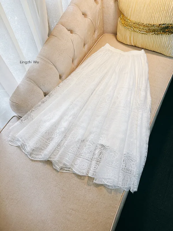 

Lingzhi Wu 2024 Summer White Lace Long Skirt French Ladies Elegant Skirts Top Quality Beautiful A-Line Skirts New Arrival White