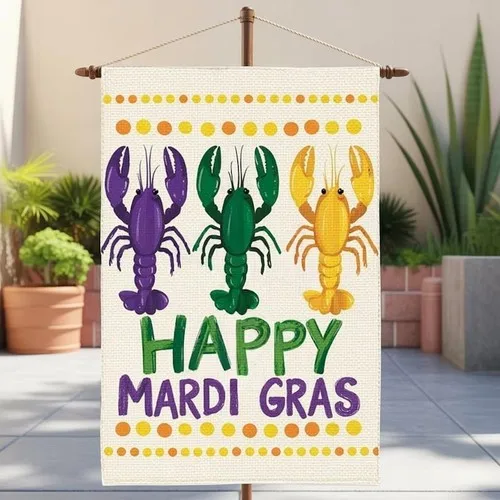 Happy Mardi Gras Crawfish Garden Flag, Artistic Fleur De Lis Lobster Yard Decor, OOV IIC
