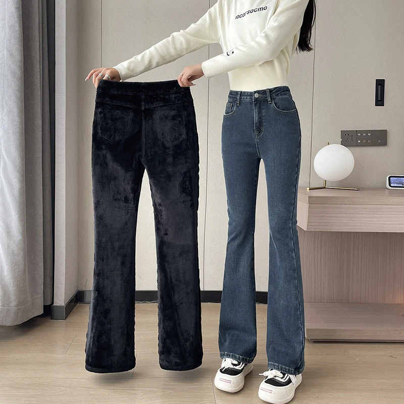 2024 Winter New Women Warm Fleece Flare Jeans Casual Lady Bootcut High Waist Stretch Denim Pants Plus Size y2k Thick Fur Trouser