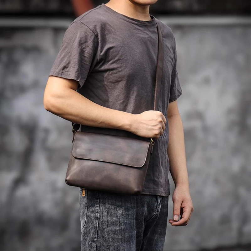 Men\'s Cowhide Bag Flap Fashion Shoulder Bag 7.9 inch ipad phone bag Vintage Leather Crossbody Bag Gift for Husband