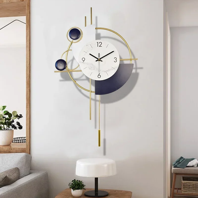 Metal Fashion Automatic Swing Silent Wall Clock White Marble Quartz Wall Watch Living Room Decor Hotel Lobby Decorative Clock