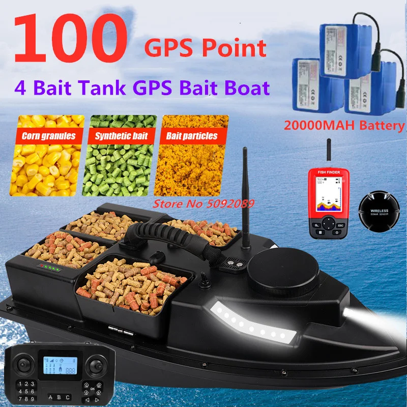 54CM 4 Hopper 100 GPS Auto Return Cruise RC Fishing Bait Boat 500M 2KG Adjust LED Lighting 100 Point GPS Fishing Bait Boat Nest