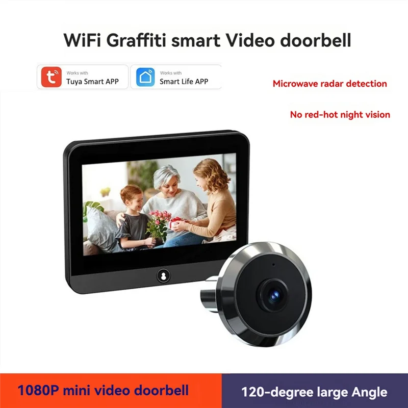 -A90P Tuya Wifi 2MP Mini olho mágico digital visualizador PIR detecção de movimento campainha câmera de porta com tela de 4,3 polegadas