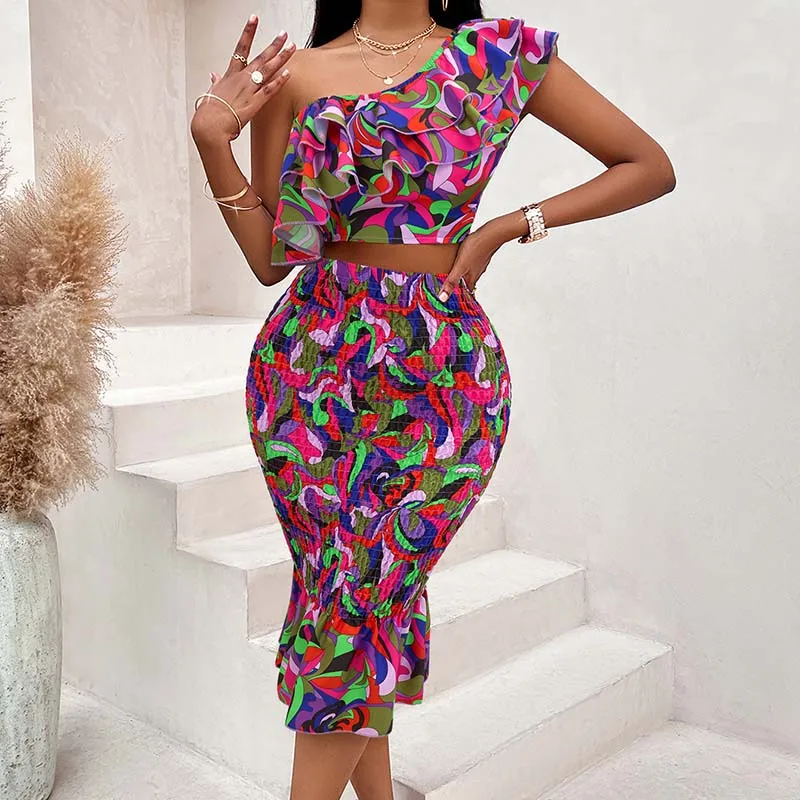 Summer Bohemian Women Vintage PrintTwo Piece Set Elegant Ruffled Sleeve Short Tops + Pleated Midi Skirt 2Pcs Suit Female Ne