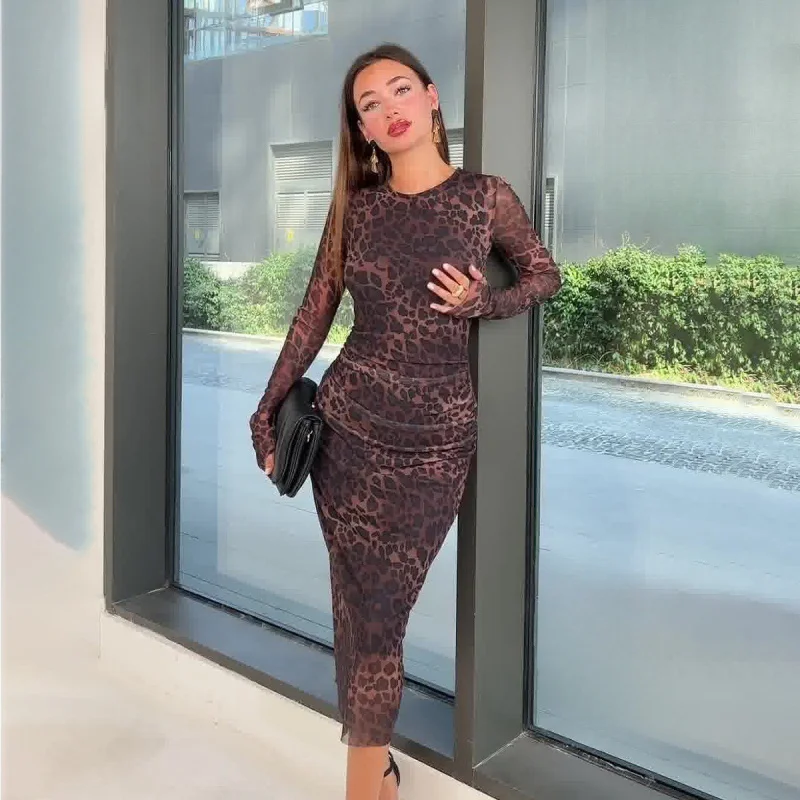 

Spring New Elegant Round Neck Leopard Print Waist-Cinching Mid-Length Dress for Women