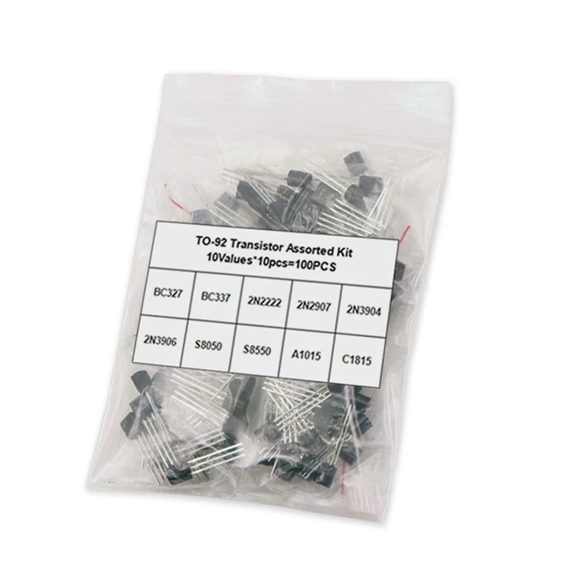 100Pcs Transistor Assorted KIT TO-92 2N2222 2N2907 2N3904 2N3906 S8050 S8550 A1015 C1815 BC337 BC327 10Value NPN PNP Transistor
