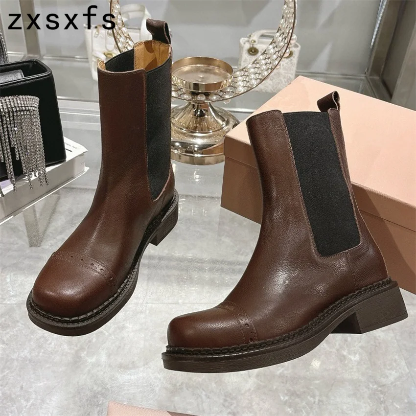 Winter Real Leather Ankle Boots For Women Chunky Heel Chelsea Boots Platform Designer Short Motorcyle Boots 2025