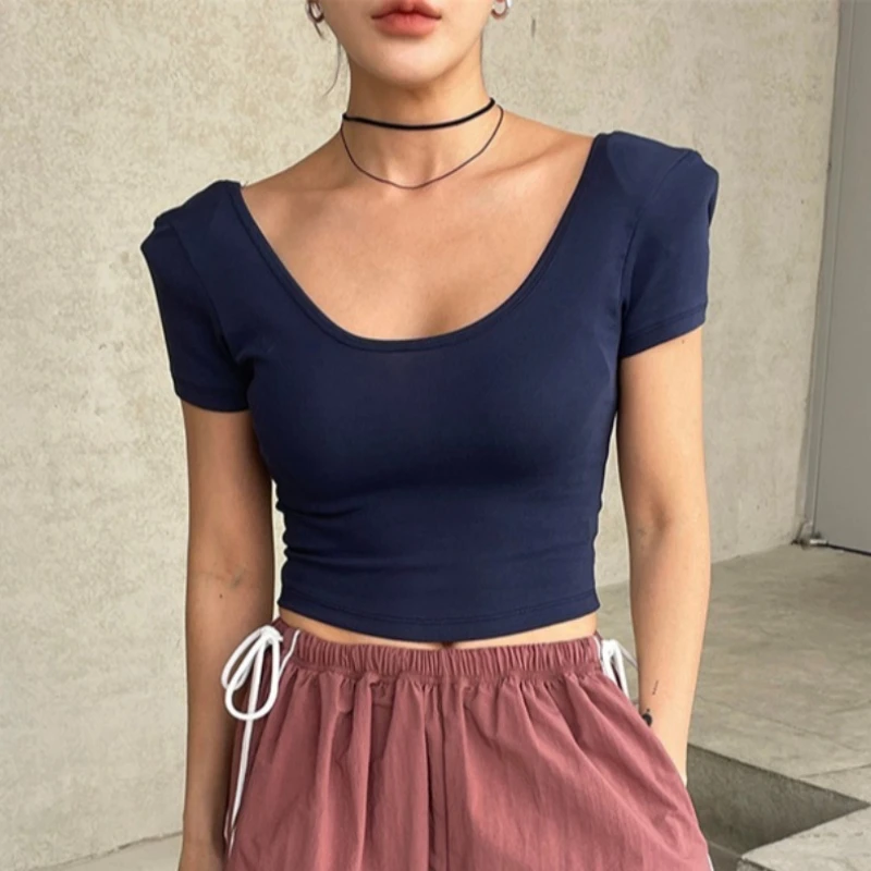 Korean Women 2026 Summer Sports Casual Crop Top Double U-Neck Short Sleeve Shoulder Pad T-shirt Solid Slim Simple Versatile Tees