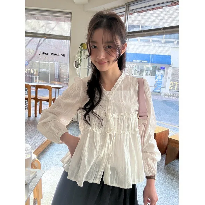 

2026 Summer New Korean Style Chic Fashionable Casual Ruffle Splicing V-neck Belted Shirt Women's Premium Clothing French Style