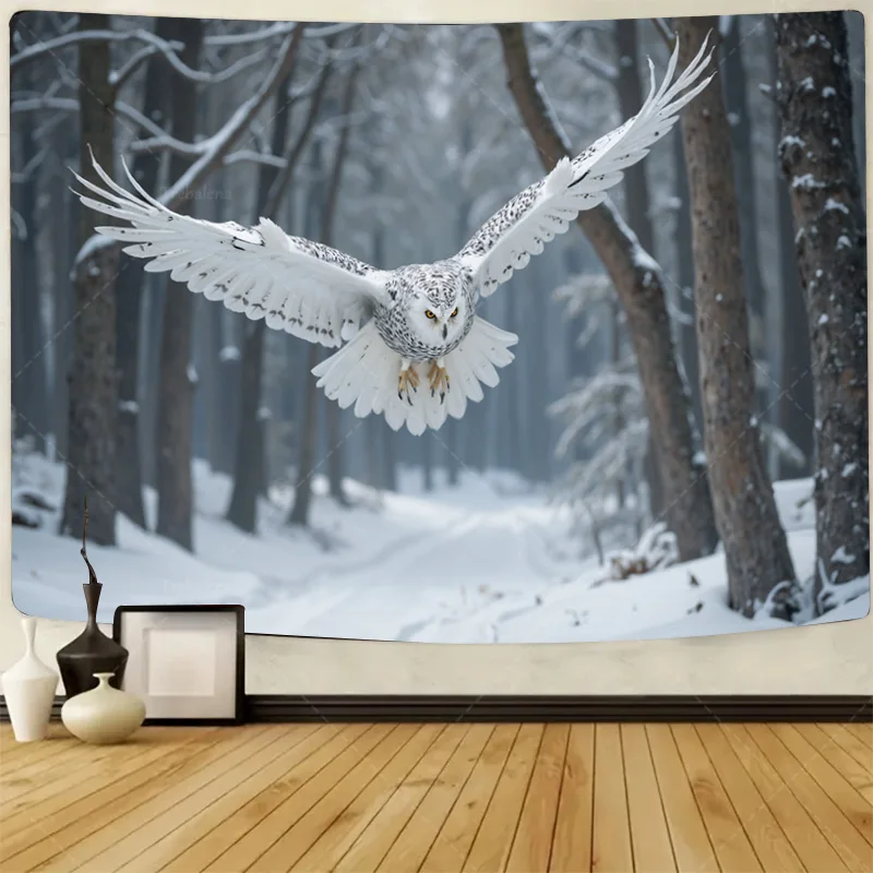 

1pc Wall Tapestry Snowy Owl in Winter Forest Tapestry - Nature Scene Wall Hanging Art