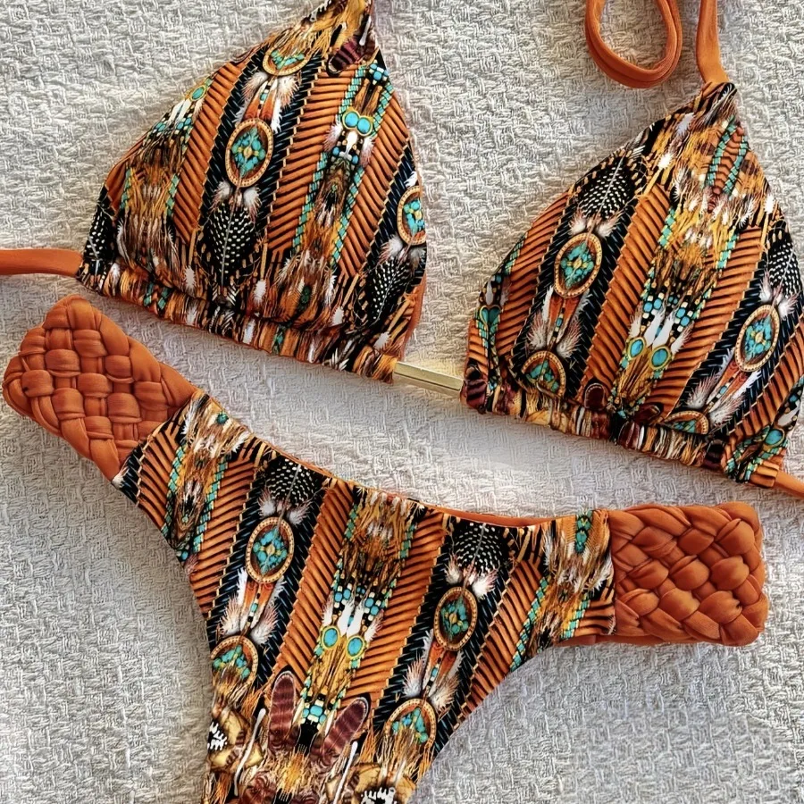 

Новый купальник-бикини ручной работы из плетеной веревки с принтом, сексуальный женский раздельный пляжный комплект для летних вечеринок у бассейна, модный купальник