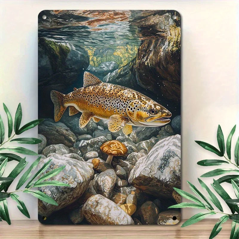 Vintage Metal Sign -  Aluminum Wall Decor Featuring Trout in Forest Stream, for Home or Office, Outdoor Wall Art | Naturet