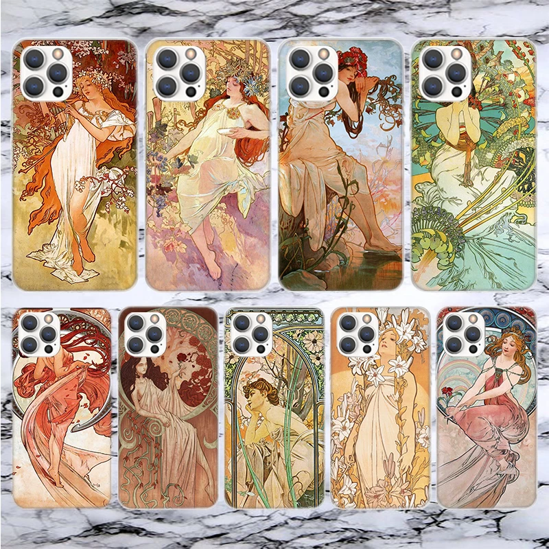 Alfons Mucha Primavera Soft Phone Case For iPhone 16 15 14 13 12 11 Pro Max X XR XS 7 Plus 8 + SE 2020 Pattern Customized Cover 