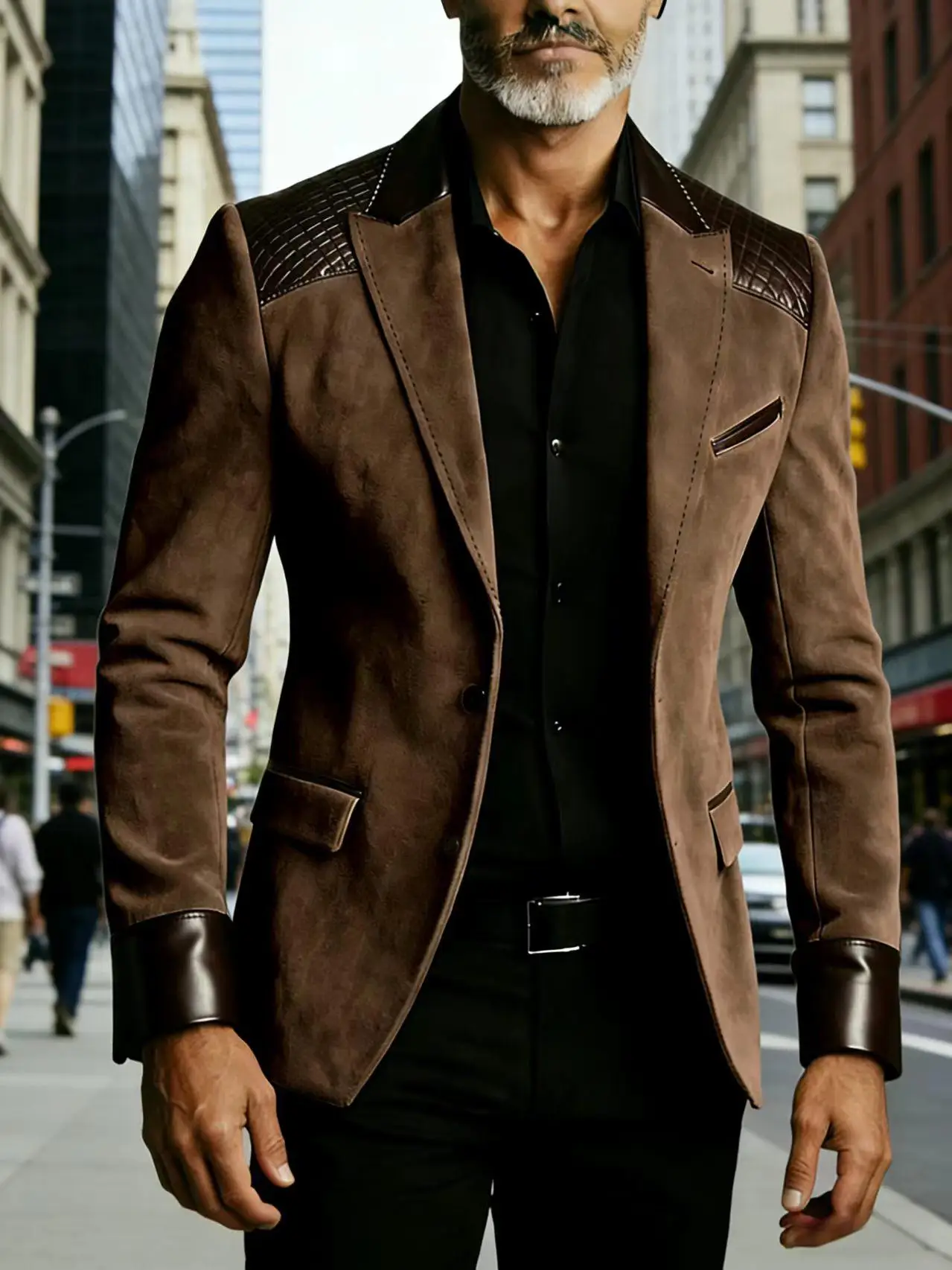 

Men's Suede Leather Blazer Jacket Casual Slim Fit Sport Coat with Crocodile Pattern Shoulder & Cuff Details