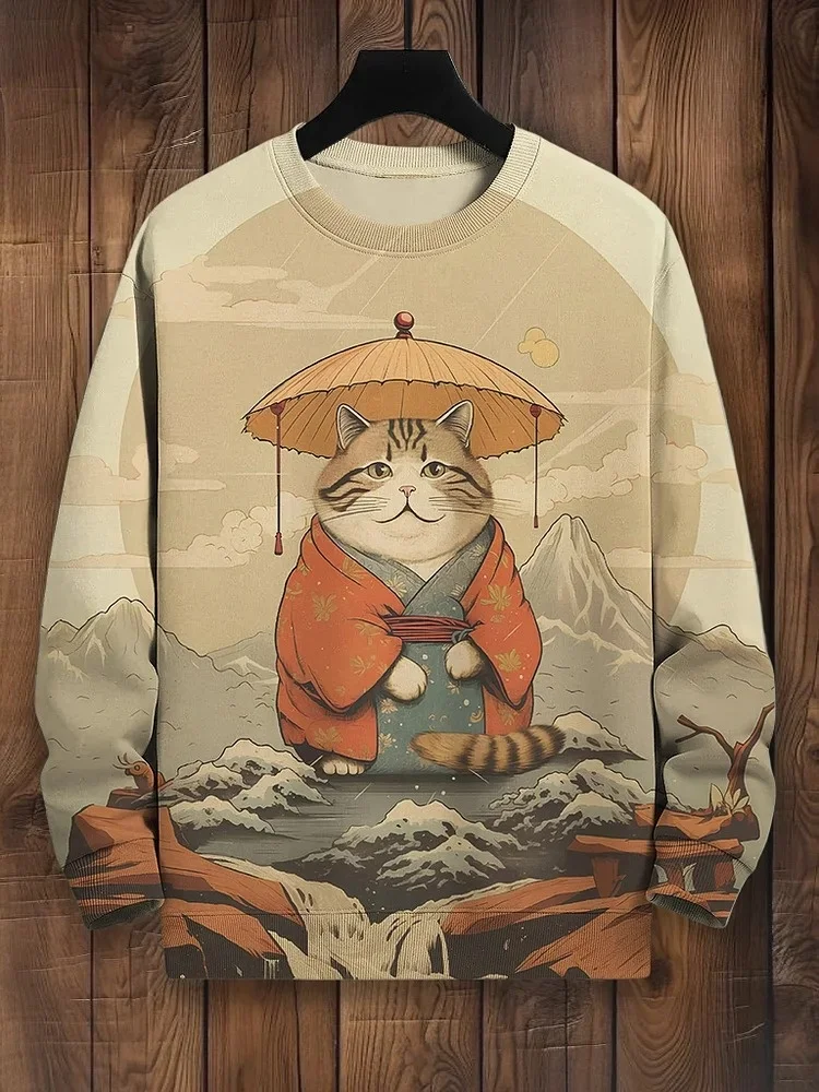 

Pullovers For Man Japanese Cat With Umbrella In Rainy Art Print Casual Sweatshirt Men's Clothings Fashion Autumn Long Sleeve Top