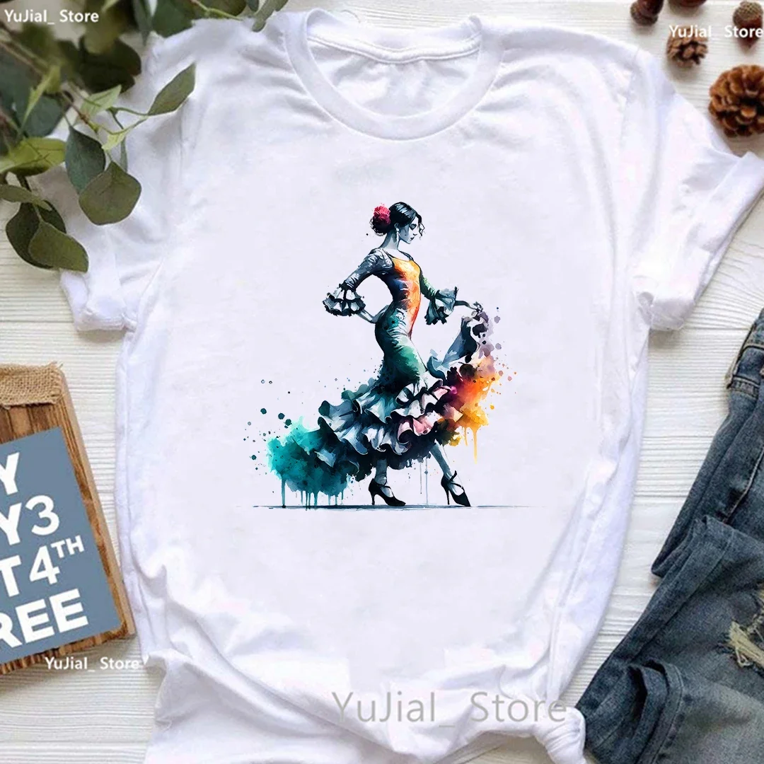 Flamenco Dancer Printed T Shirt Women\'S Clothing White Pink Beautiful Tshirt Female Summer Fashion Tops Tee Shirt Femme