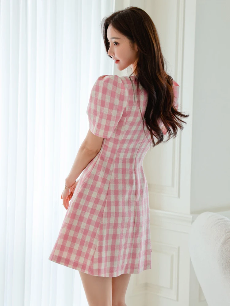 Korean Style Mini Dresses for Women Clothing Pink Blue Plaid Bubble Sleeve Short Gown Female Party Street Date Vestidos Mujer