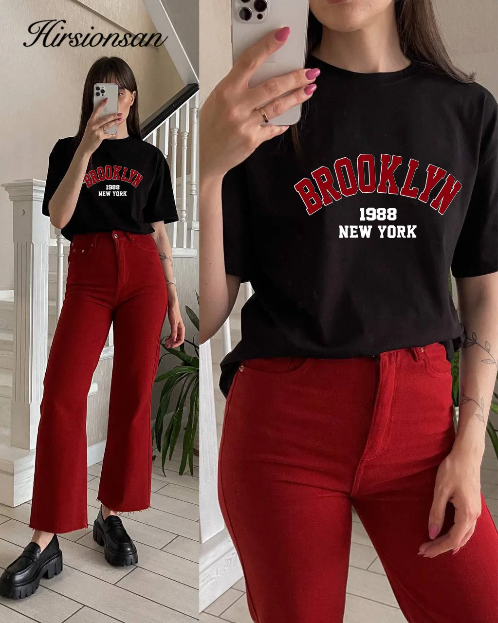 Hirsionsan 100% Cotton American Style Letter Print T Shirt Women 2024 Summer New Basic Tees Casual Loose Female Couple Top Kpop