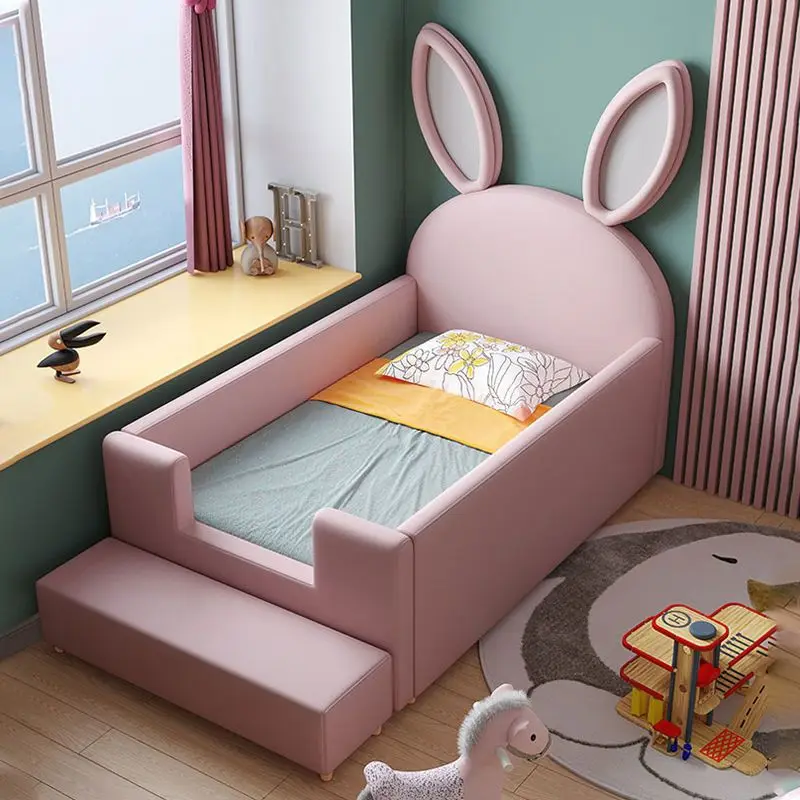 Solid wood splicing bed widened cartoon single bed with guardrail