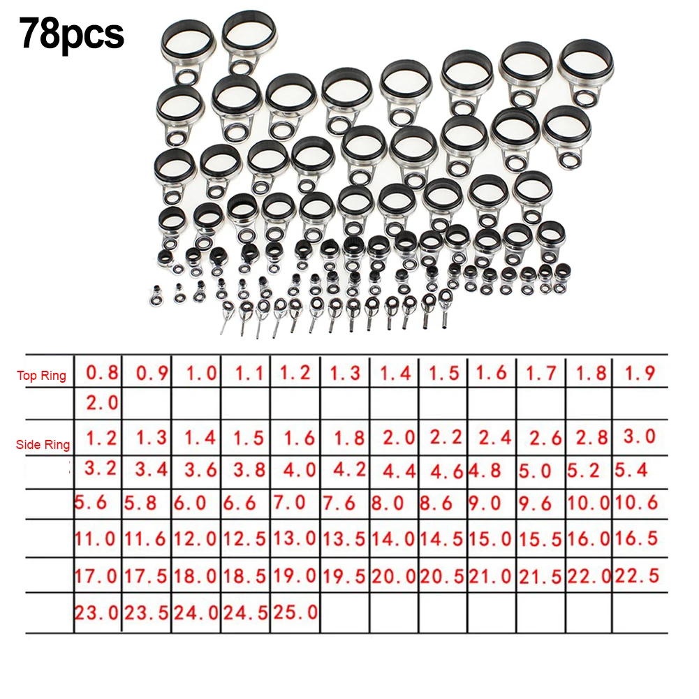 78 Piece Fishing Rod Guide Ring Collection Stainless Steel Body Ceramic Ring for Rock Fishing Rod Customization and Repair