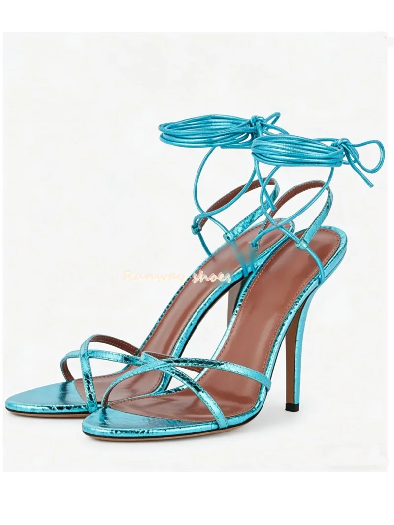 Blue Round Head Open Toes Thin Strap Combination Hollow Out Summer Sandals Stilettos Ankle Bandage Banquet  Luxury Women's Shoes view 2
