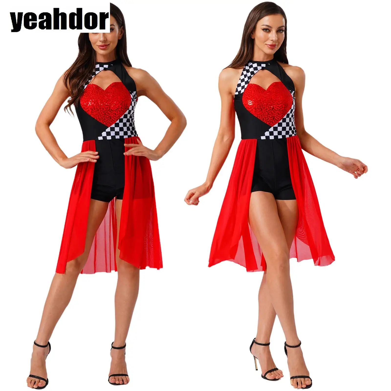 

Women Racer Cosplay Costume Checkerboard Bodysuit Sequin Mesh Tulle Leotard Dress One Piece Jumpsuit Halloween Driver Dress Up