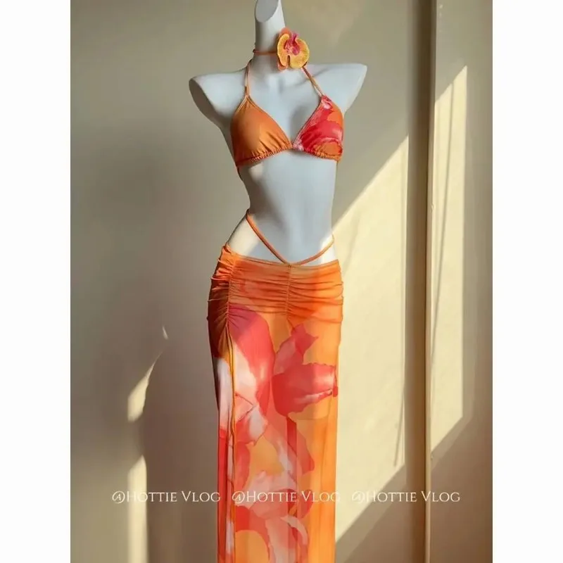 

Женский комплект бикини из 2 предметов с цветочным принтом и прозрачной макси-юбкой, купальник-халтер с треугольными чашечками для пляжного отдыха