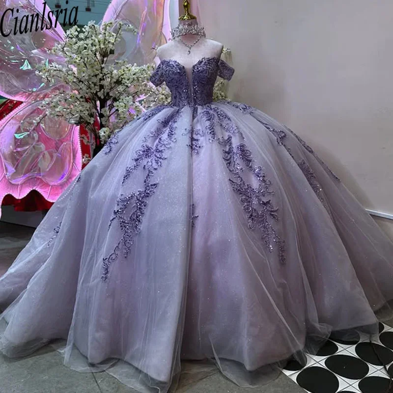 Lila dulce princesa vestido De baile Vestidos De quinceañera personalizado con cuentas Apliques De encaje cristales lujo 15 vestido Vestidos De 16 Años